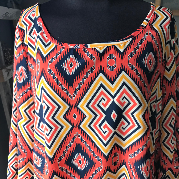 Alya Coral Navy Gold Aztec Tunic Blouse L - Picture 2 of 8